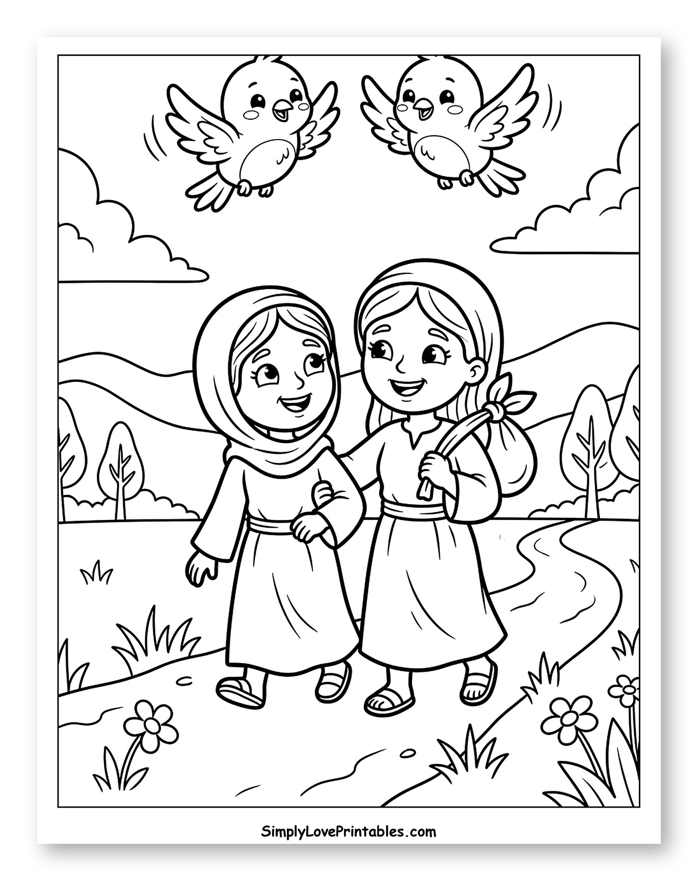 Ruth and Naomi Walking a Scenic Path Coloring Page for Kids