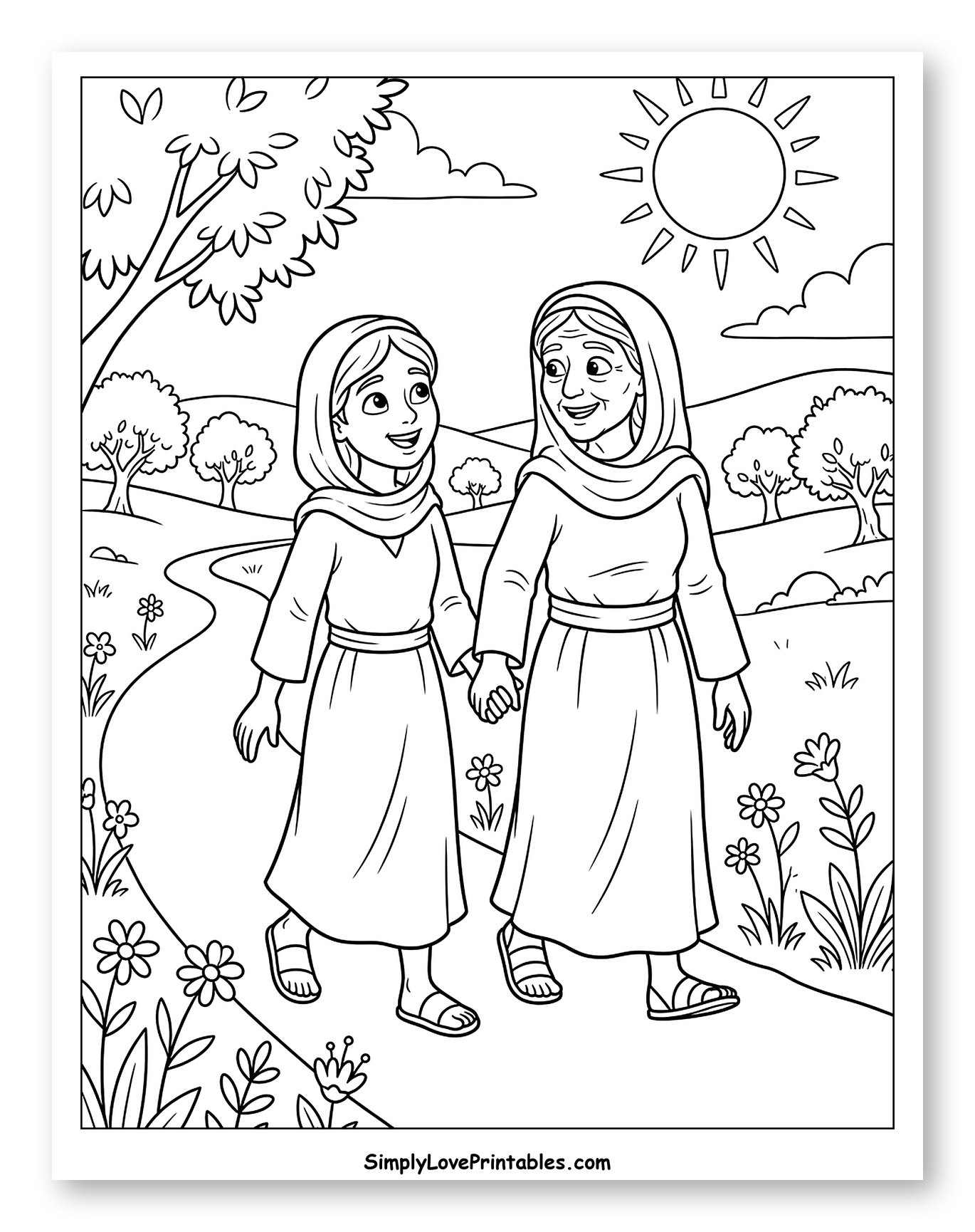 Ruth and Naomi Walking Hand in Hand Coloring Page for Kids