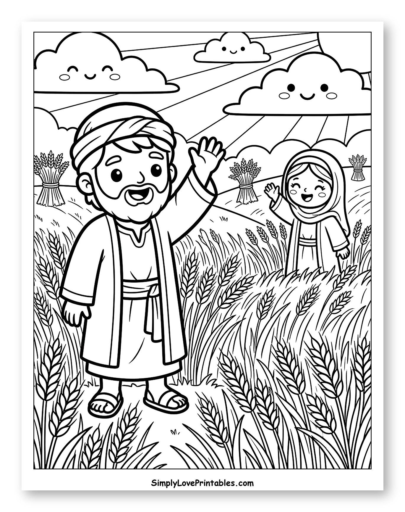 Ruth and Naomi Waving in Wheat Field Coloring Sheet for Kids