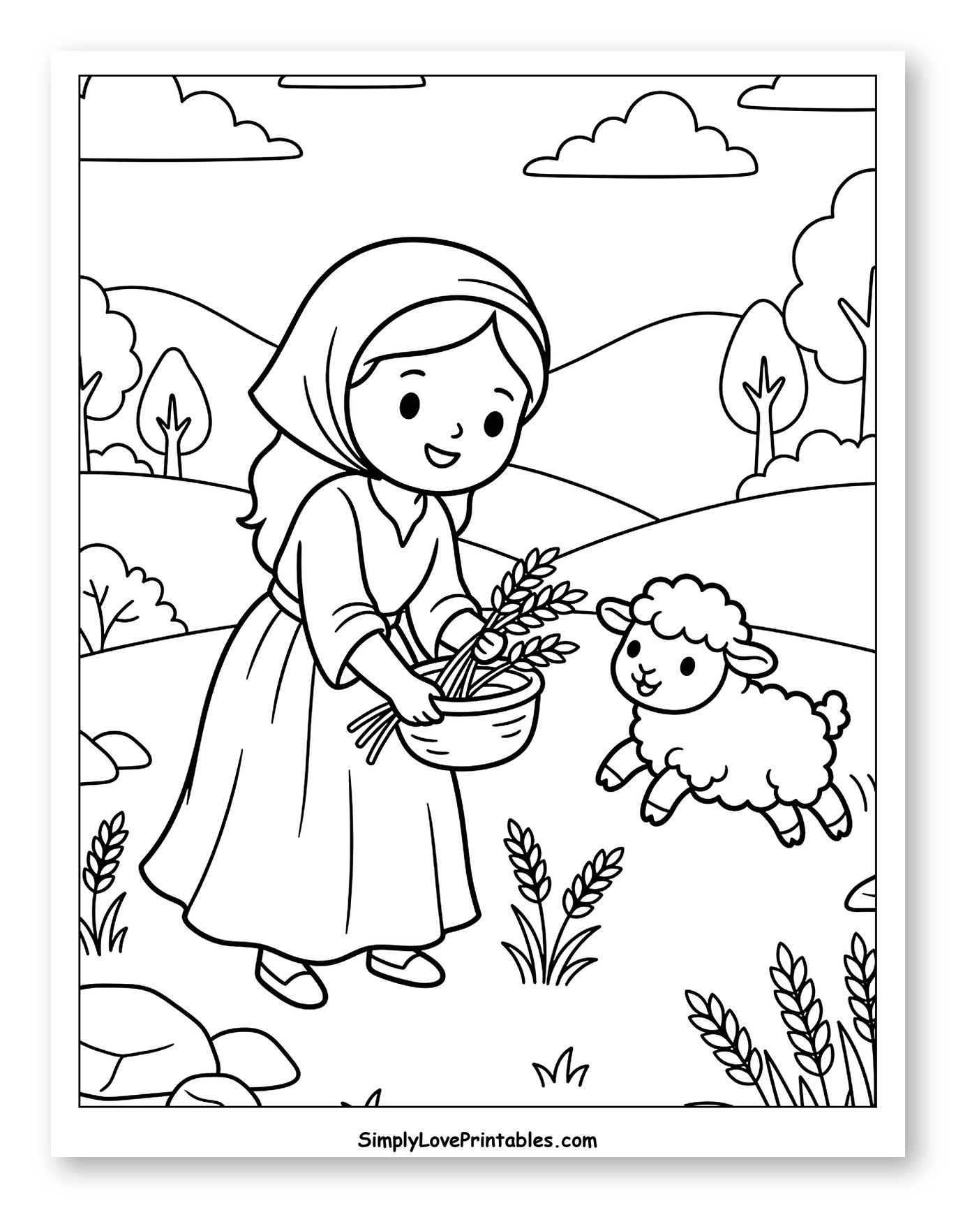Ruth Gathering Wheat with a Playful Lamb to Color for Kids