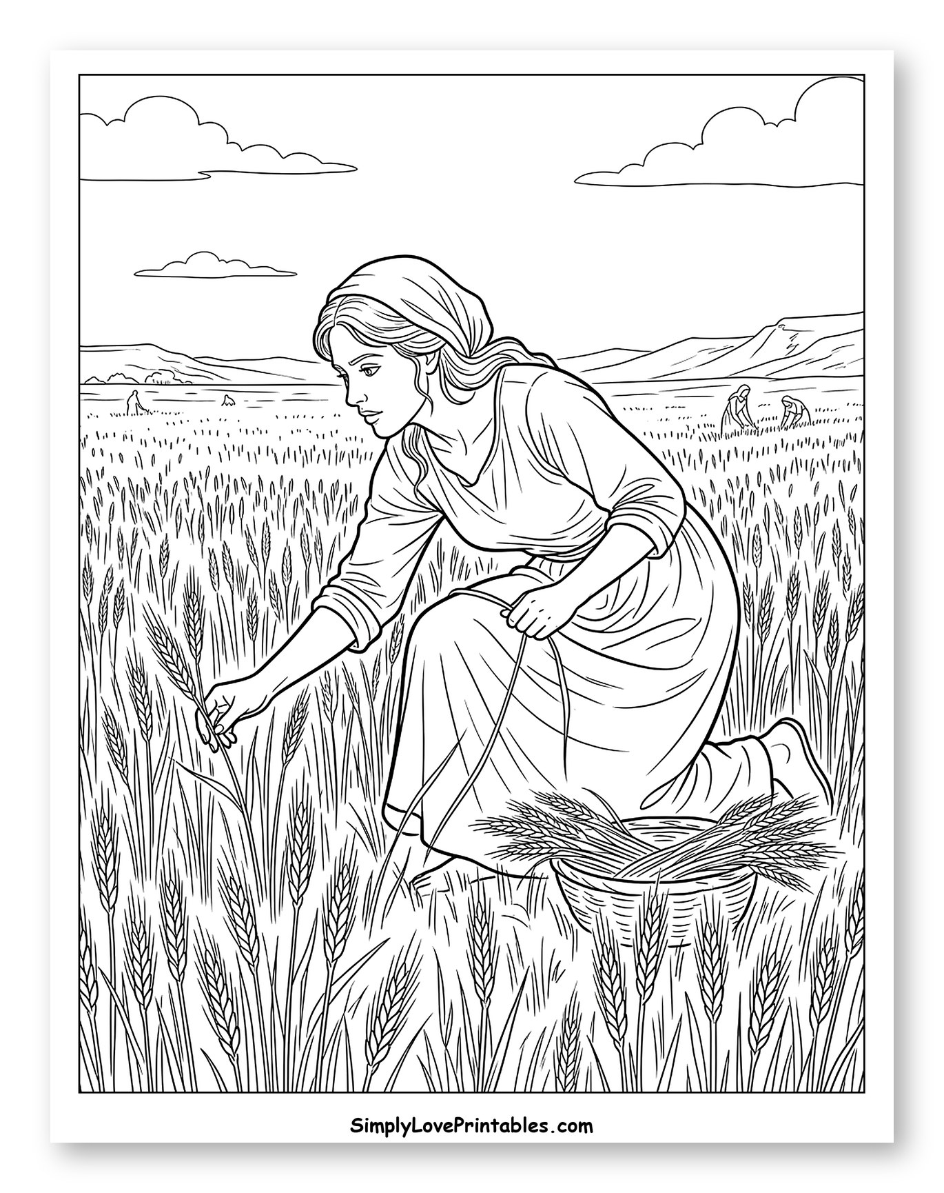 Ruth Gleaning Wheat in a Field Coloring Sheet