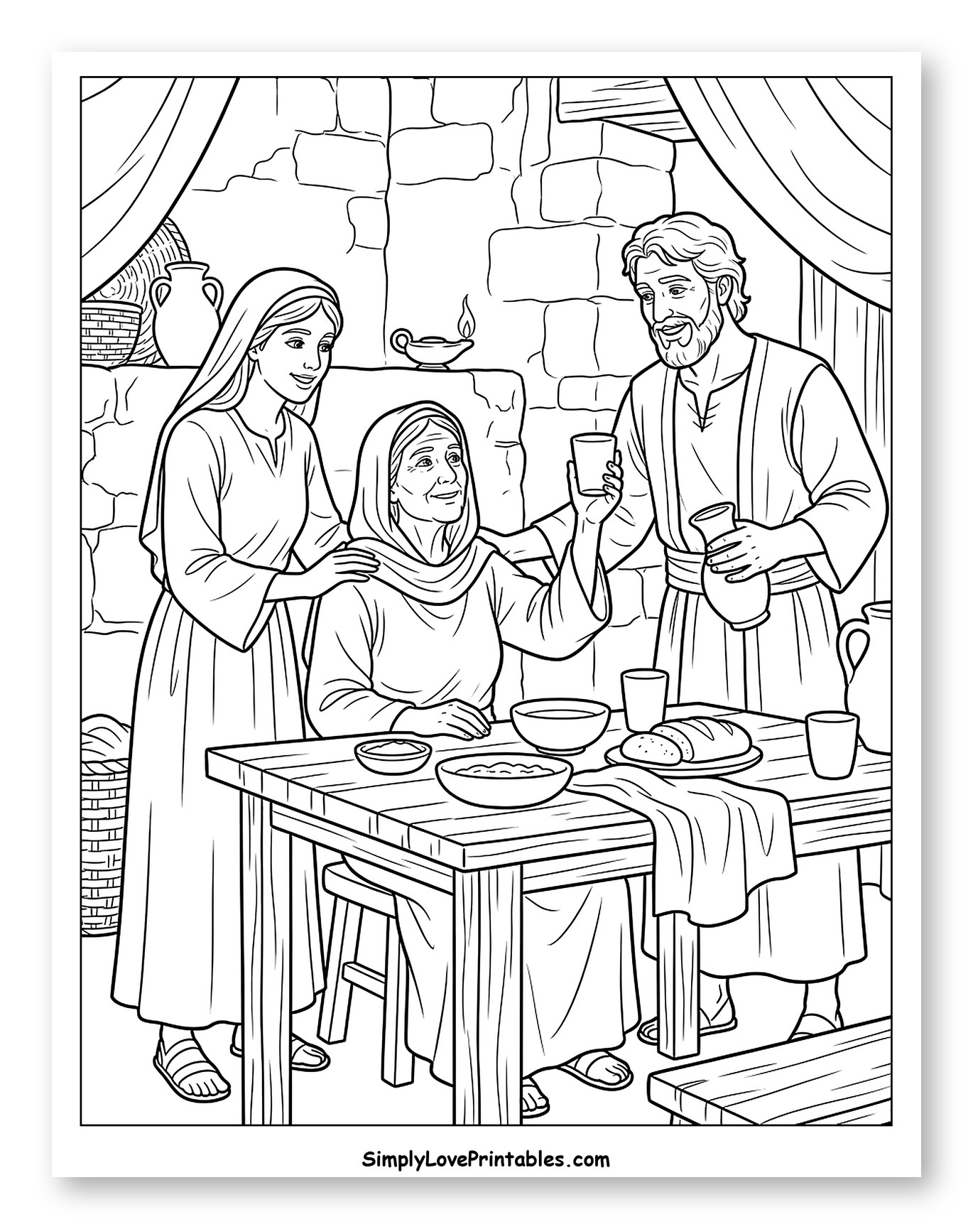 Ruth, Naomi, and Boaz Share a Meal Coloring Sheet