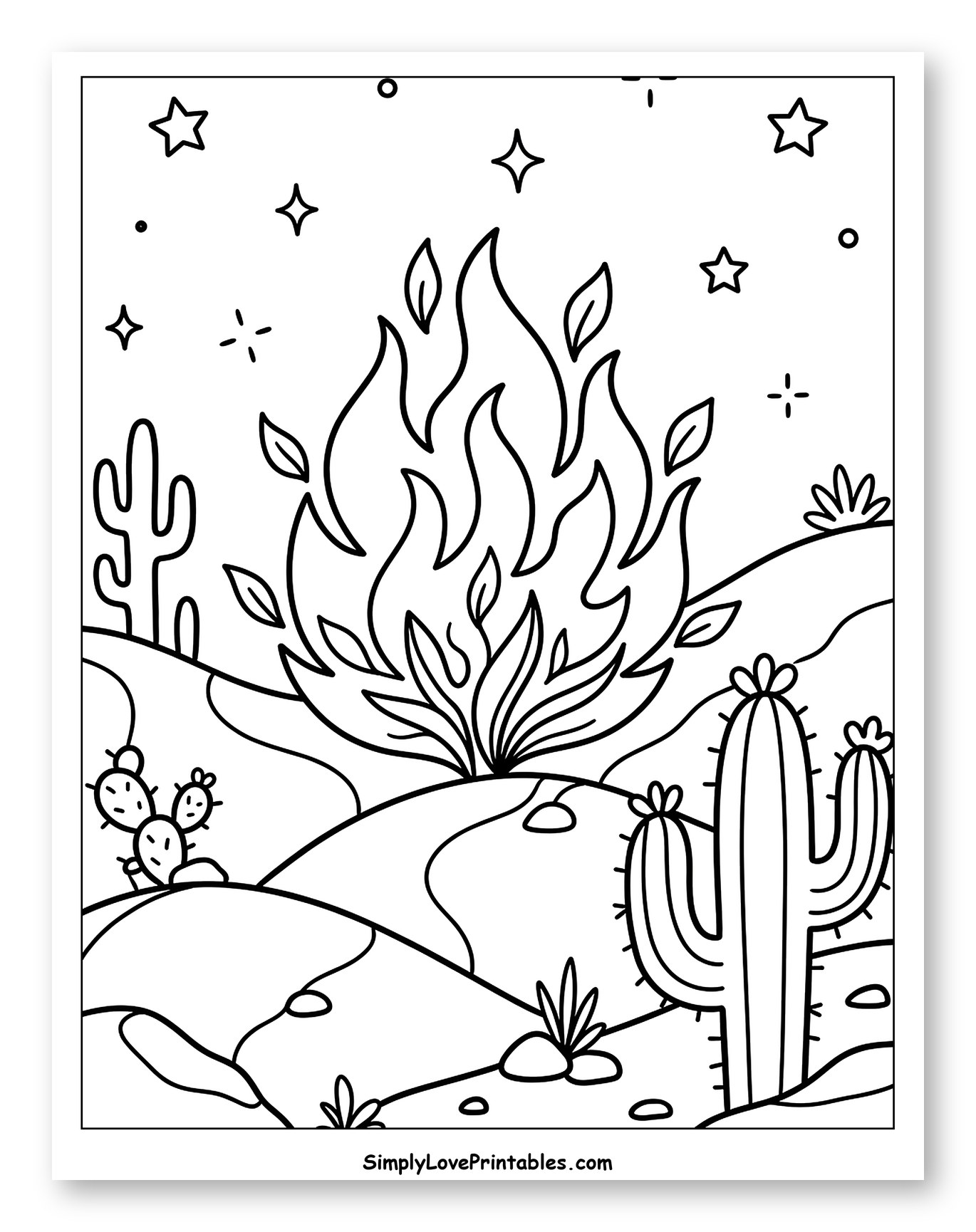 Sacred Burning Bush in Desert Landscape Coloring Sheet for Adults