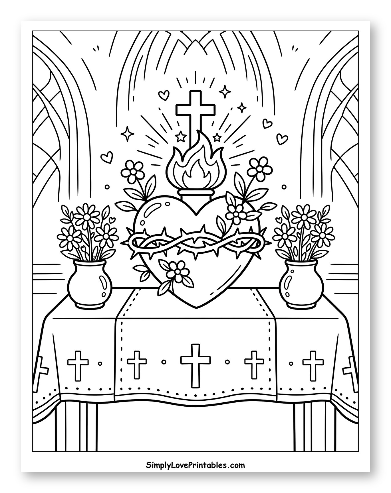 Sacred Heart and Altar in Church Coloring Sheet for Kids