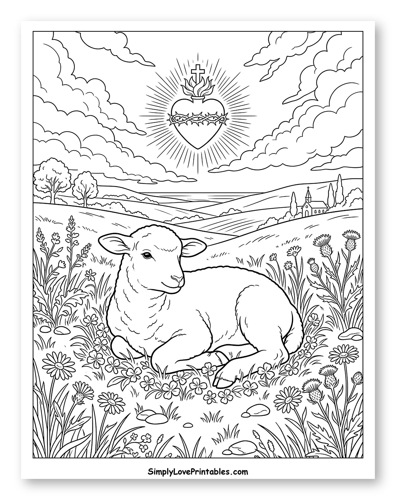 Sacred Heart and Lamb in Peaceful Field to Color