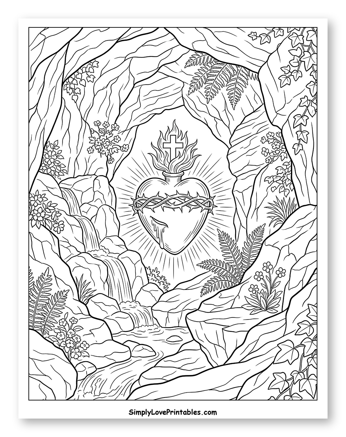 Sacred Heart in a Rocky Grotto with Waterfalls