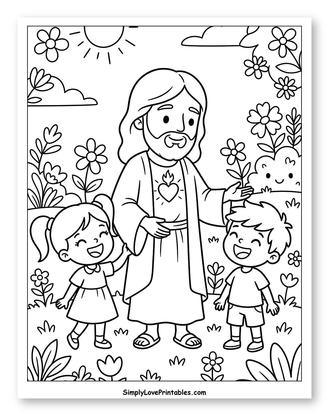 Sacred Heart Jesus with Smiling Children Coloring Sheet for Kids