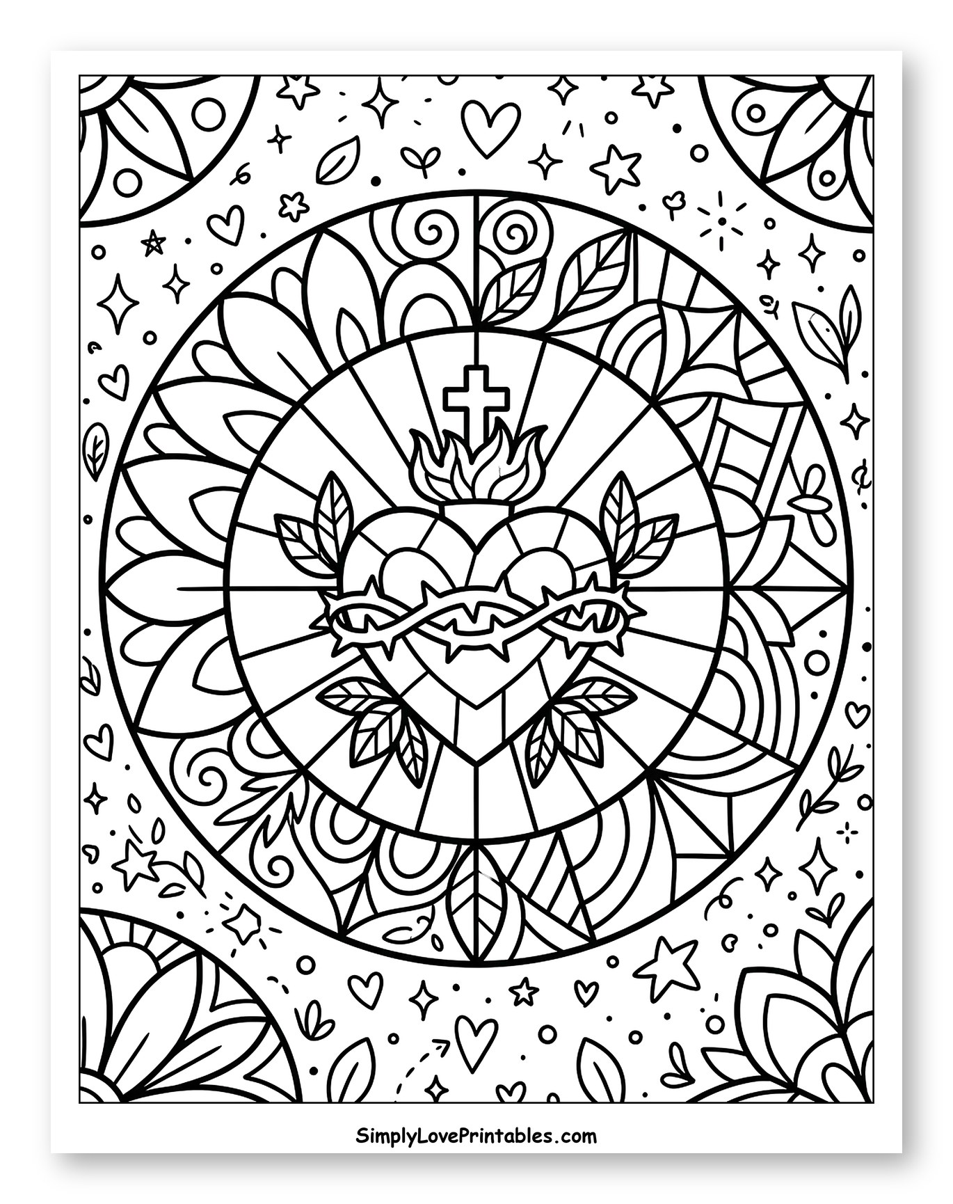 Sacred Heart Mandala with Stars and Leaves to Color for Adults