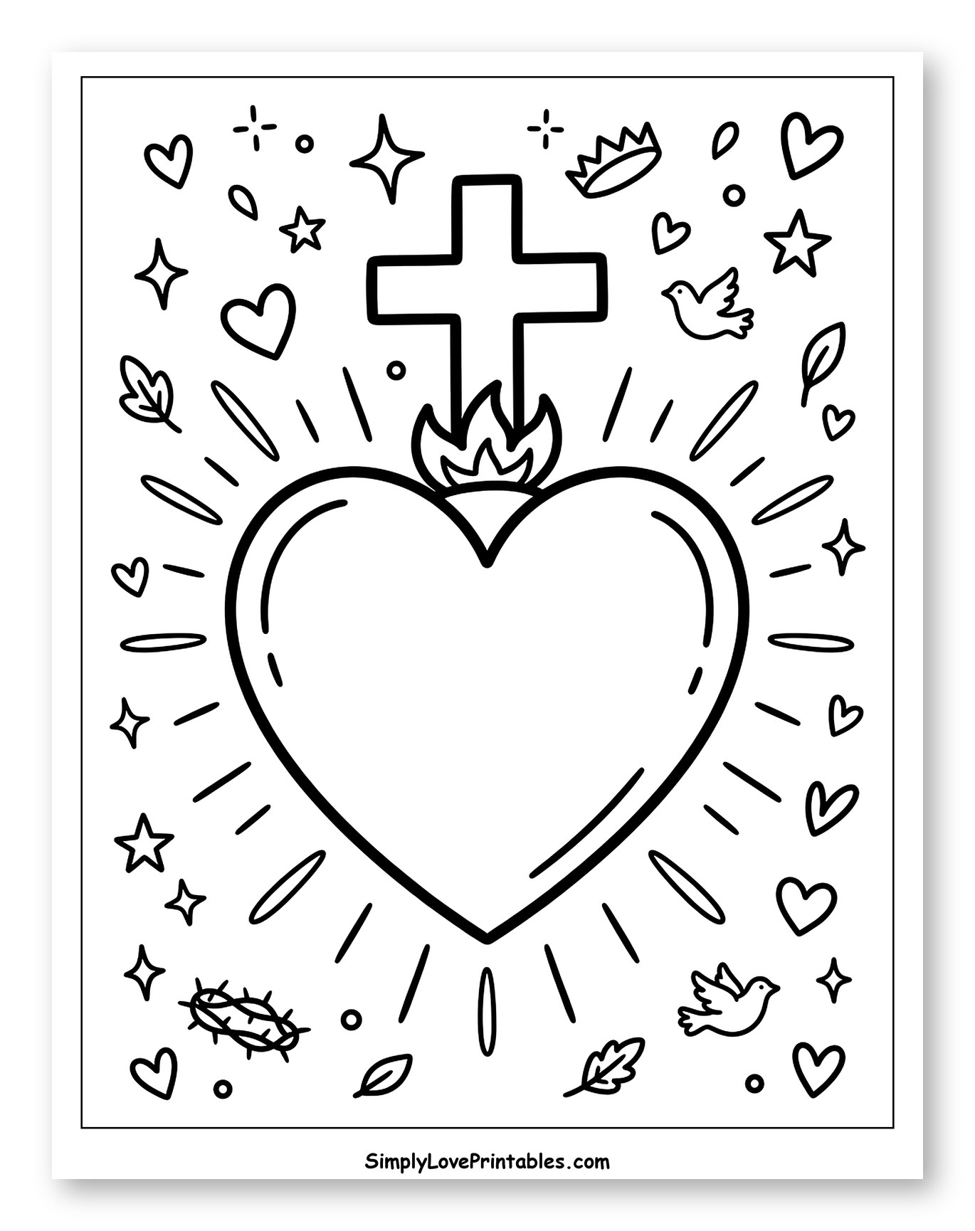 Sacred Heart with Cross and Christian Symbols Coloring Page for Adults