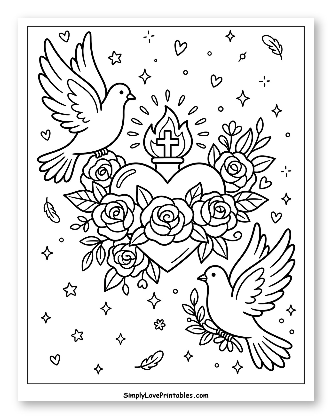 Sacred Heart with Doves and Roses Coloring Page for Adults
