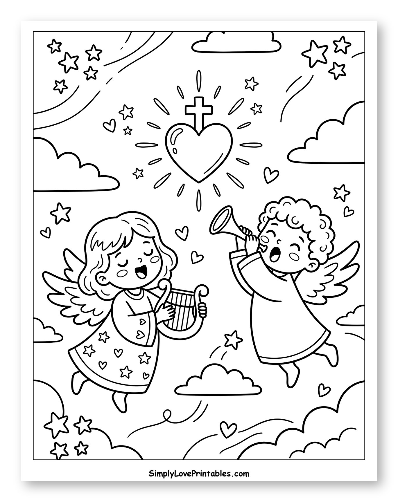 Sacred Heart with Joyful Flying Angels Coloring Page for Kids