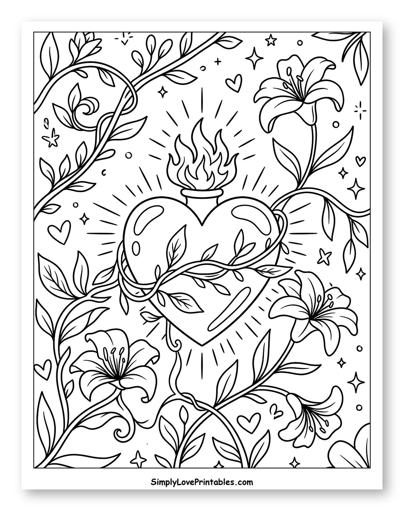 Sacred Heart with Lilies and Vines Coloring Page for Adults