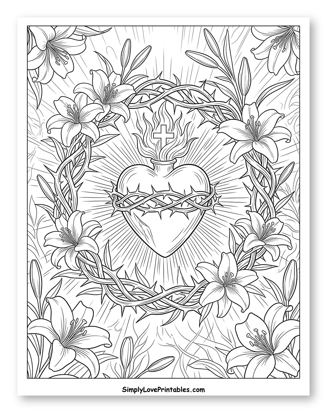 Sacred Heart with Thorns and Lilies to Color