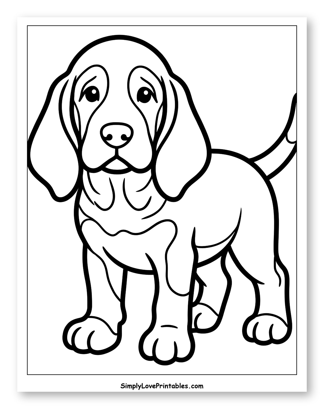 Sad-Eyed Cartoon Bloodhound Puppy Standing Coloring Page for Toddlers