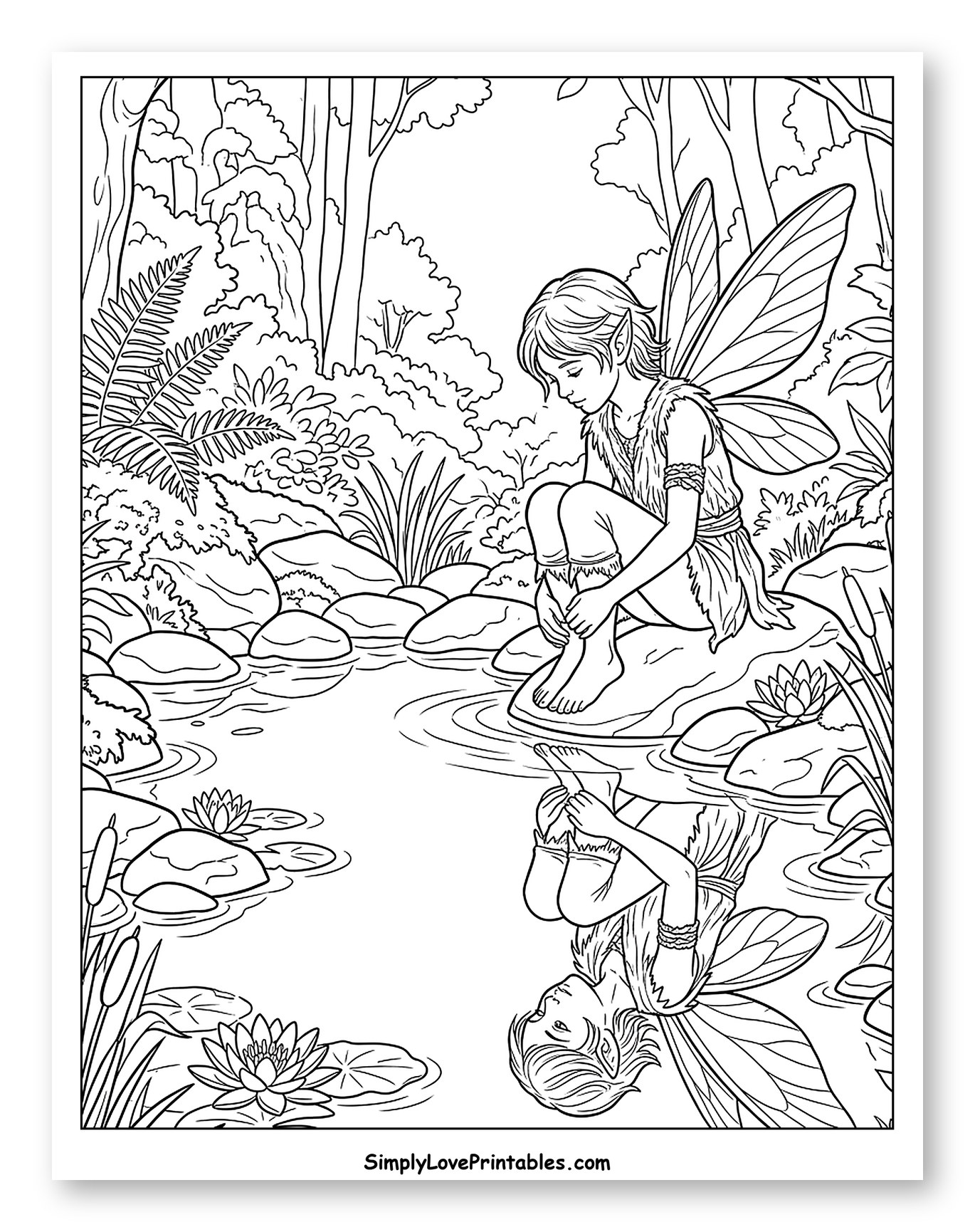 Sad Pixie Gazing at Reflection in Pond