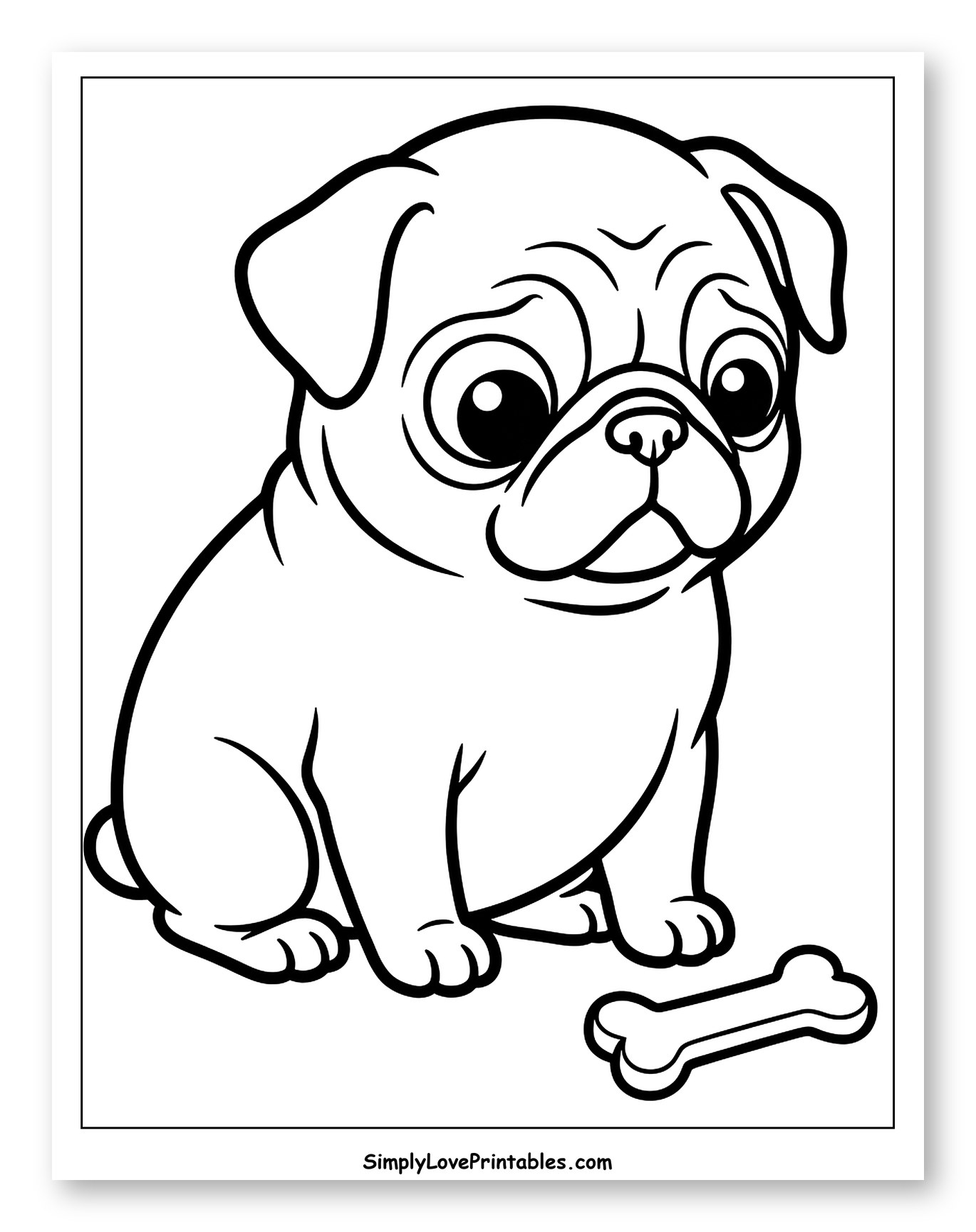 Sad Pug Puppy with a Bone Coloring Sheet for Toddlers
