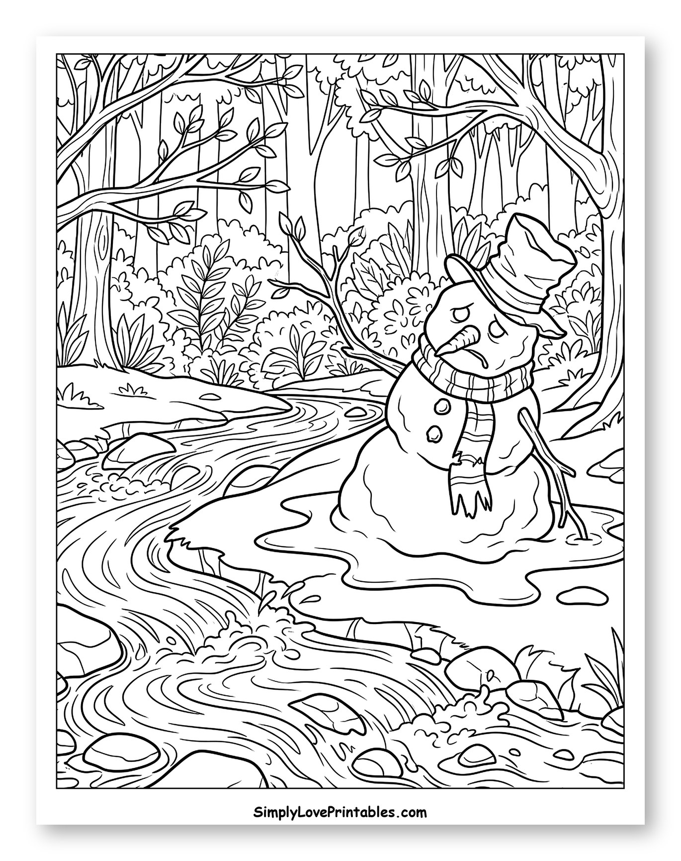 Sad Snowman Melting Beside a Forest Stream