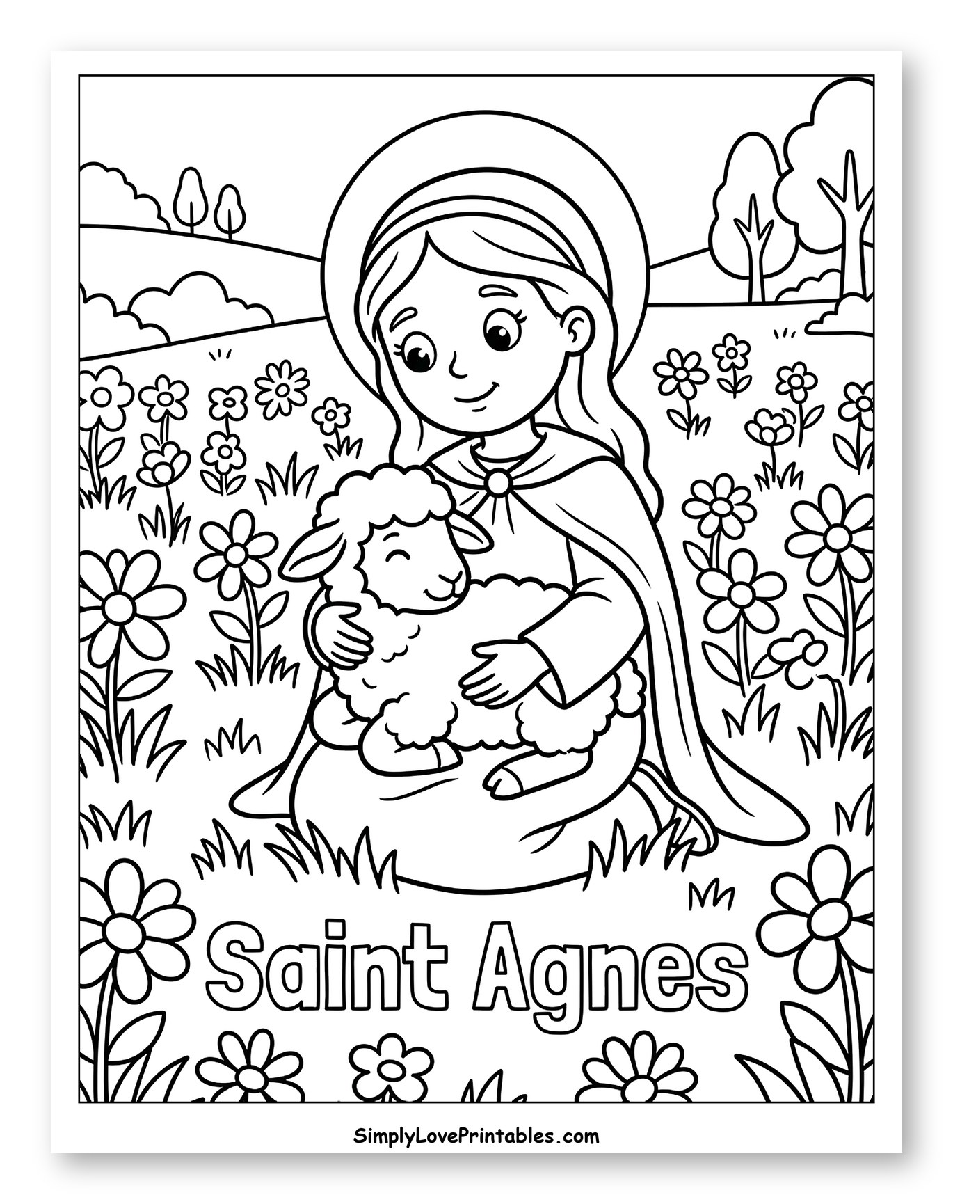 Saint Agnes Cradling a Lamb Among Flowers Coloring Sheet for Kids