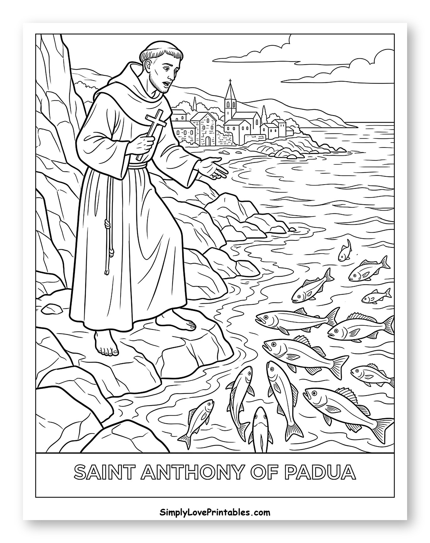 Saint Anthony of Padua Preaching to Fish Coloring Sheet