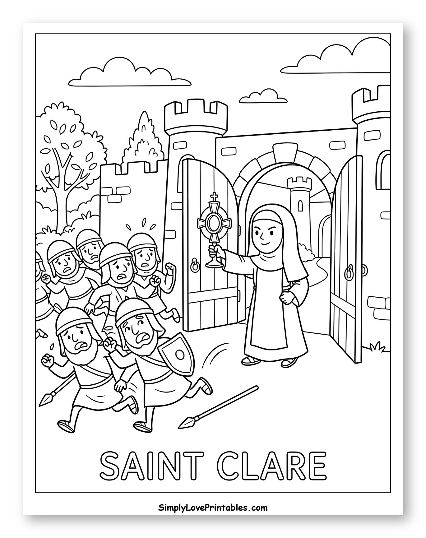 Saint Clare with Monstrance and Fleeing Soldiers to Color for Kids