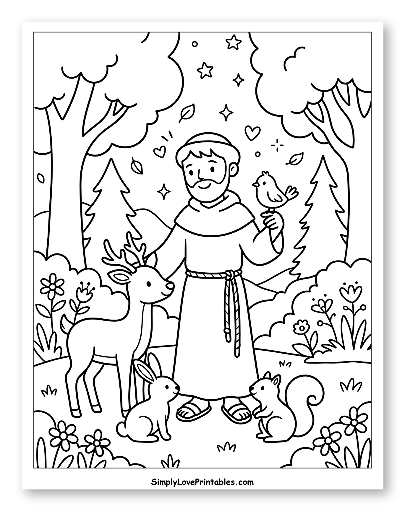 Saint Francis and Woodland Creatures Coloring Page for Adults