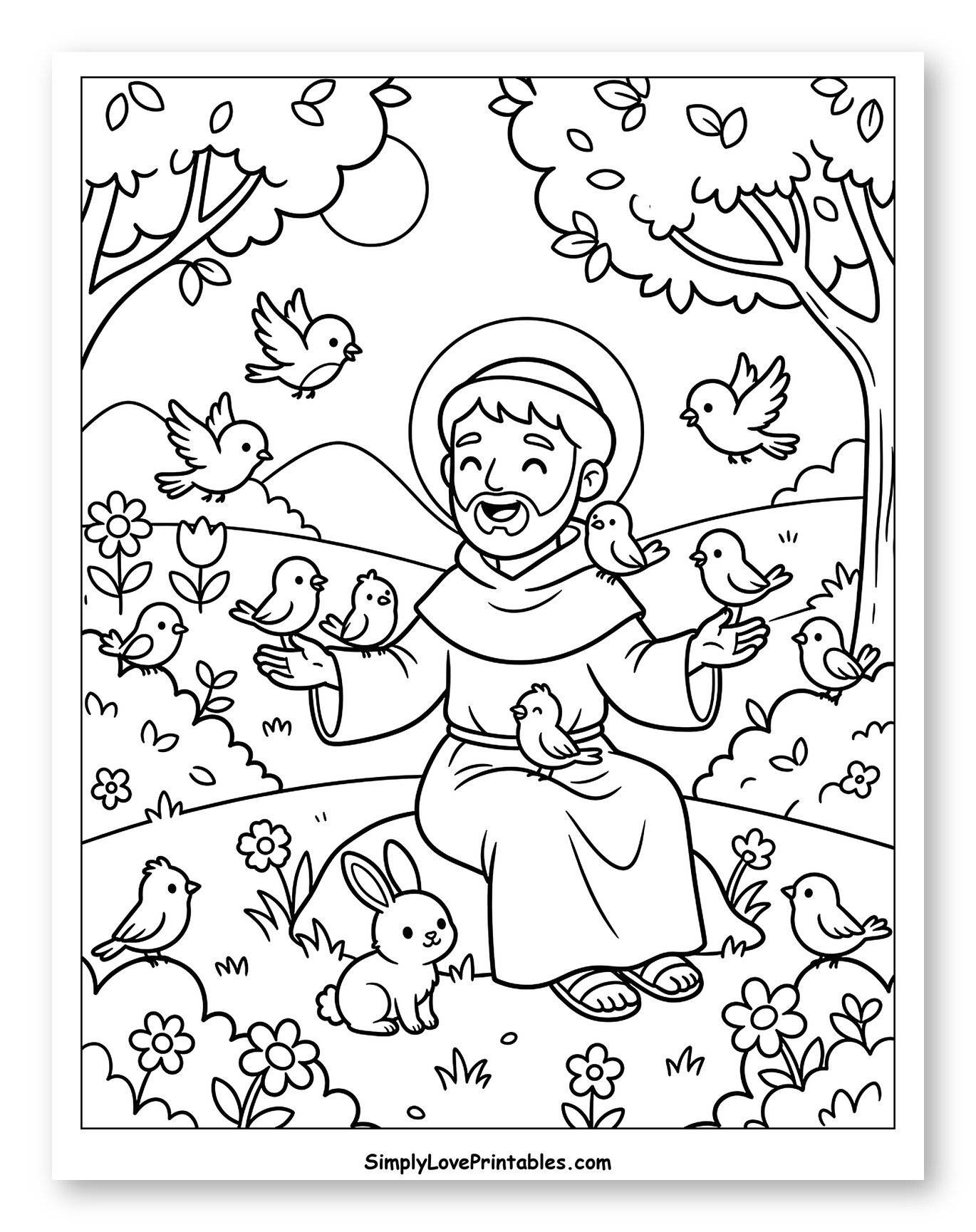 Saint Francis with Birds and Rabbit to Color for Kids