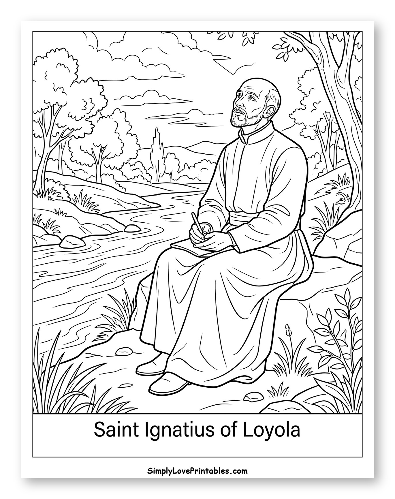 Saint Ignatius Meditating and Writing Outdoors Coloring Page