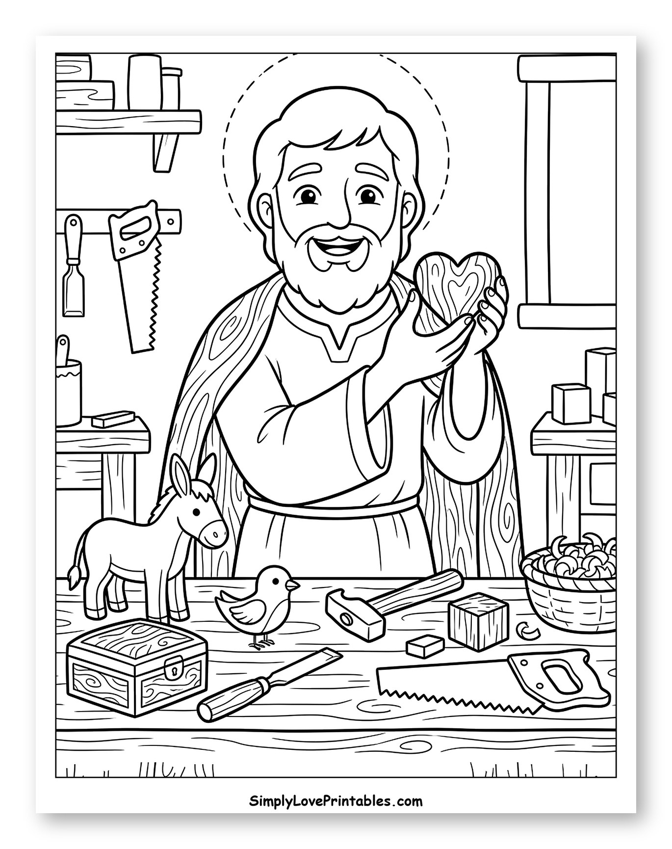 Saint Joseph Carving a Wooden Heart Coloring Sheet for Kids