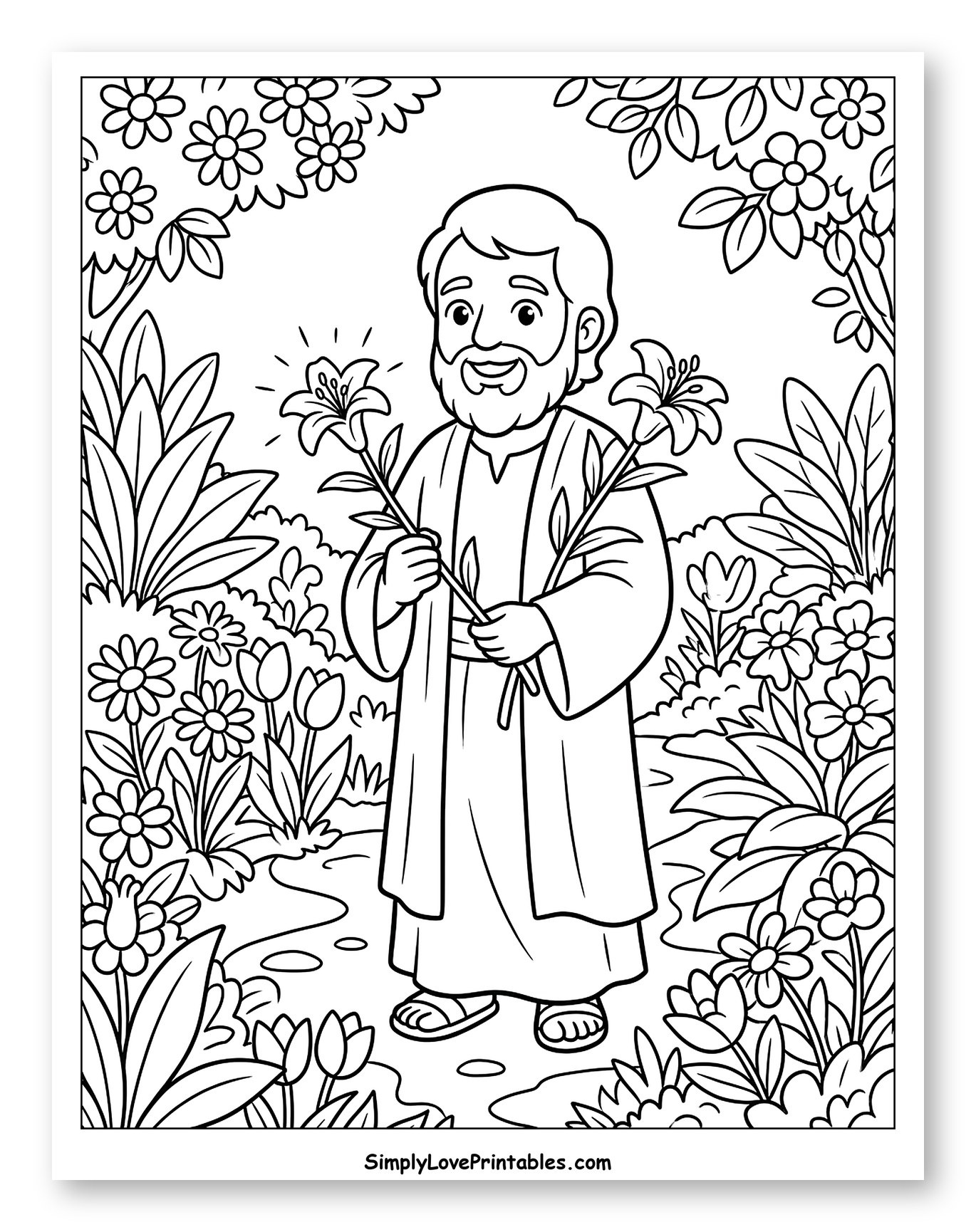 Saint Joseph Holding Lilies in a Garden to Color for Kids