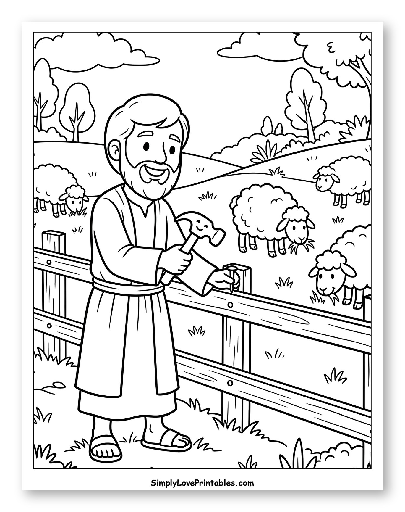 Saint Joseph Repairing a Fence with Sheep Coloring Sheet for Kids