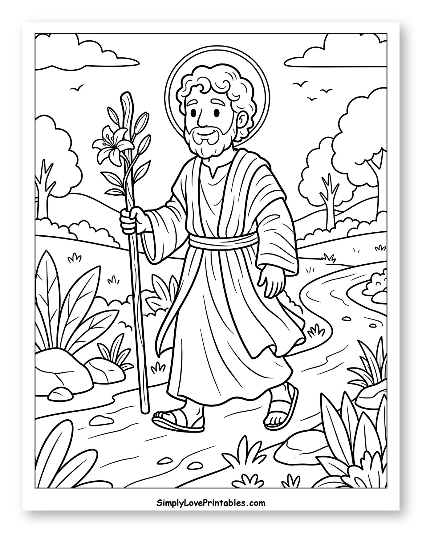 Saint Joseph Walking with Lily Staff to Color for Kids
