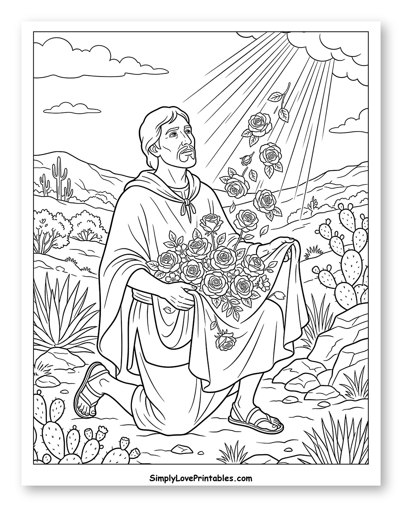 Saint Juan Diego Receiving Miraculous Roses to Color