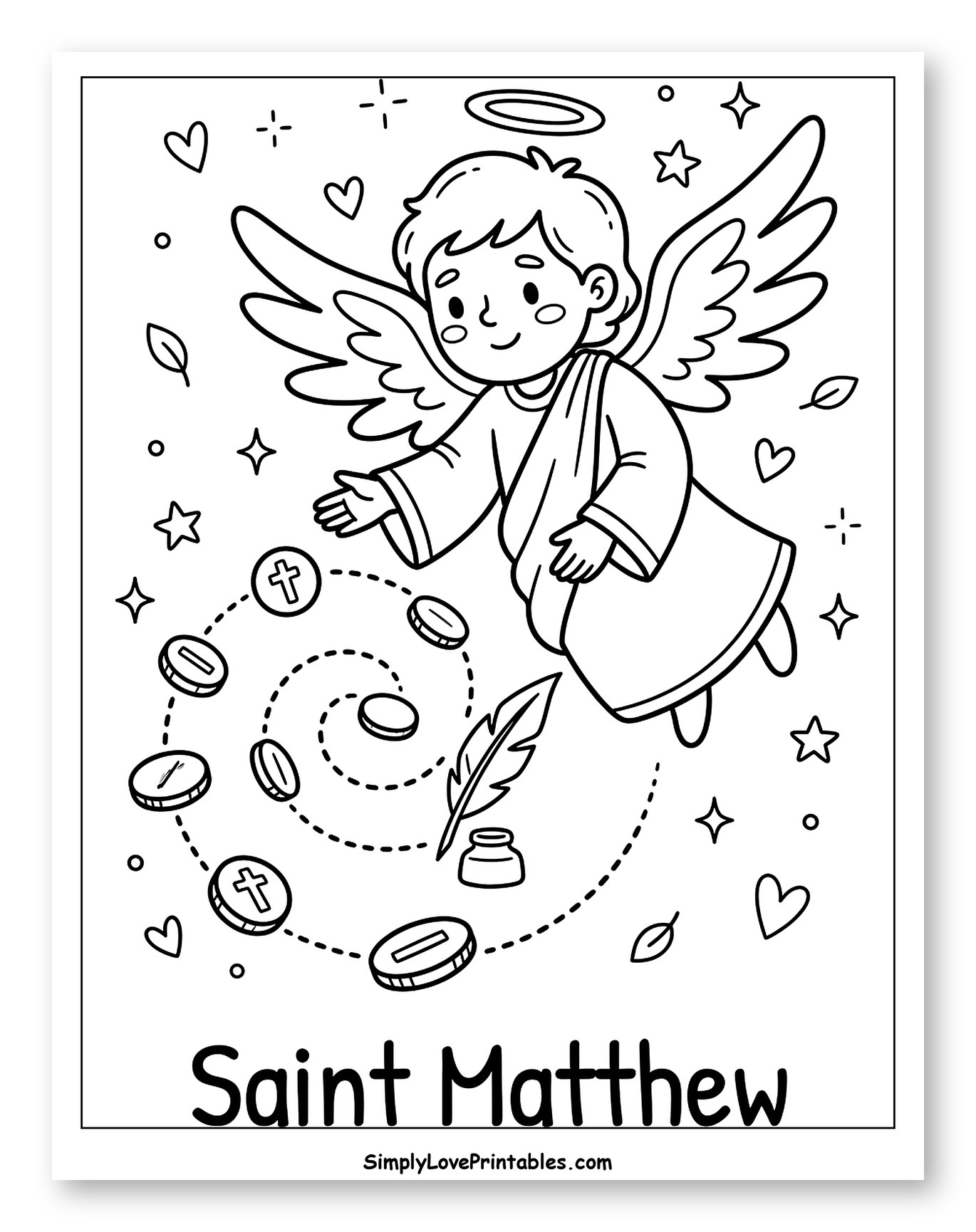 Saint Matthew Angel with Coins and Quill to Color for Adults