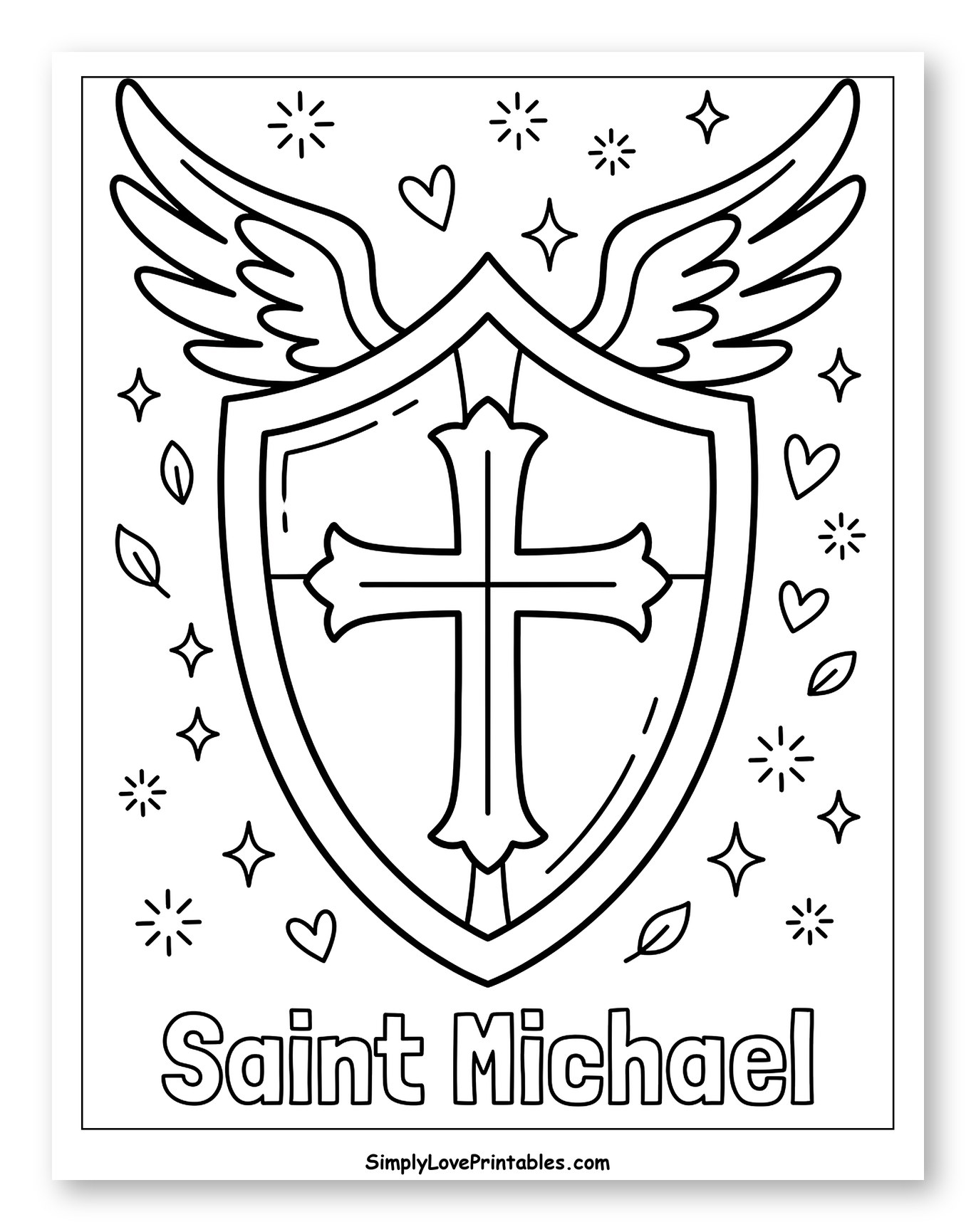 Saint Michael Shield with Angel Wings Coloring Sheet for Adults