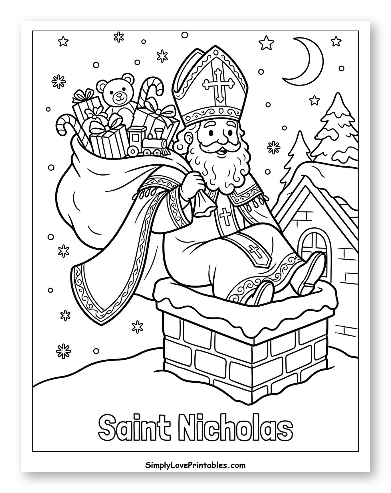 Saint Nicholas Delivering Gifts from a Chimney Coloring Sheet for Kids
