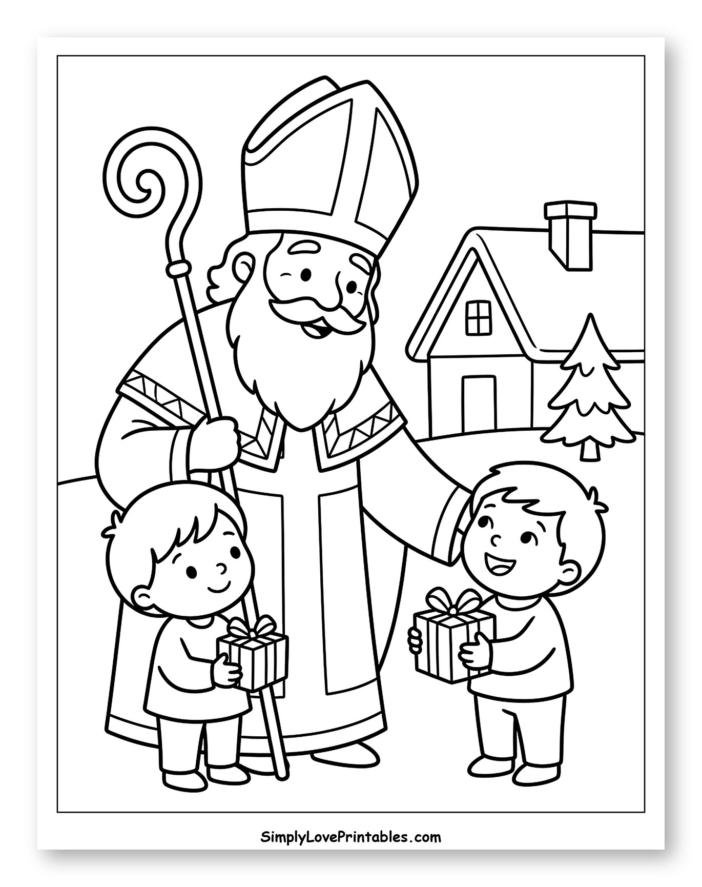 Saint Nicholas Giving Gifts to Happy Children Coloring Sheet for Kids