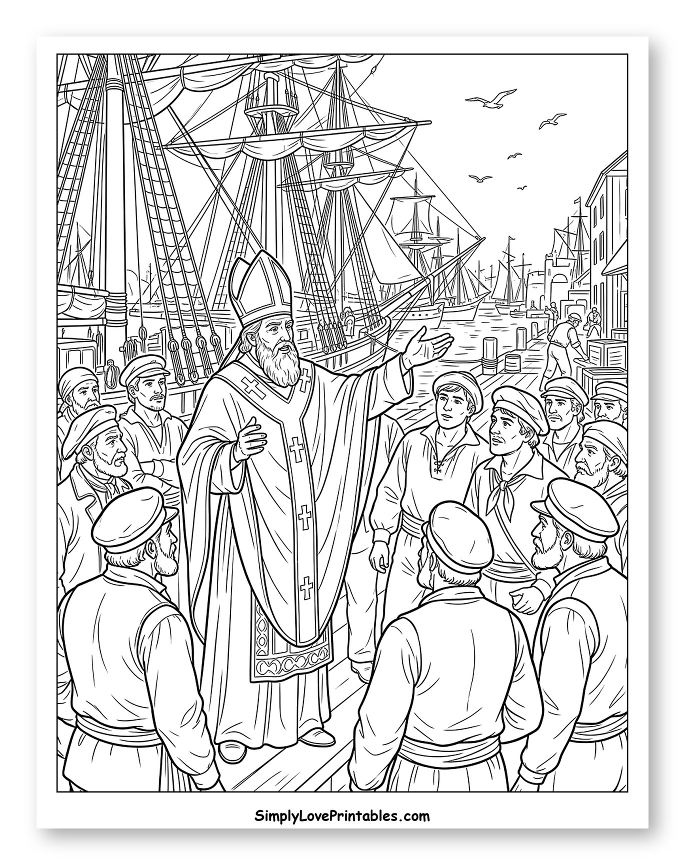 Saint Nicholas Preaching to Sailors at Port Coloring Sheet