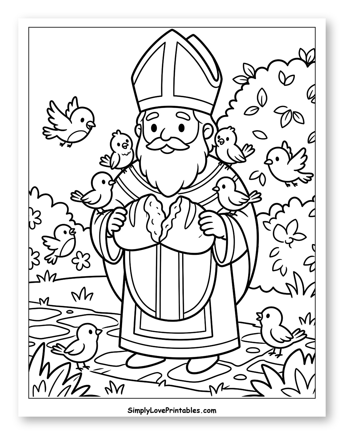 Saint Nicholas Sharing Bread with Birds Coloring Sheet for Kids
