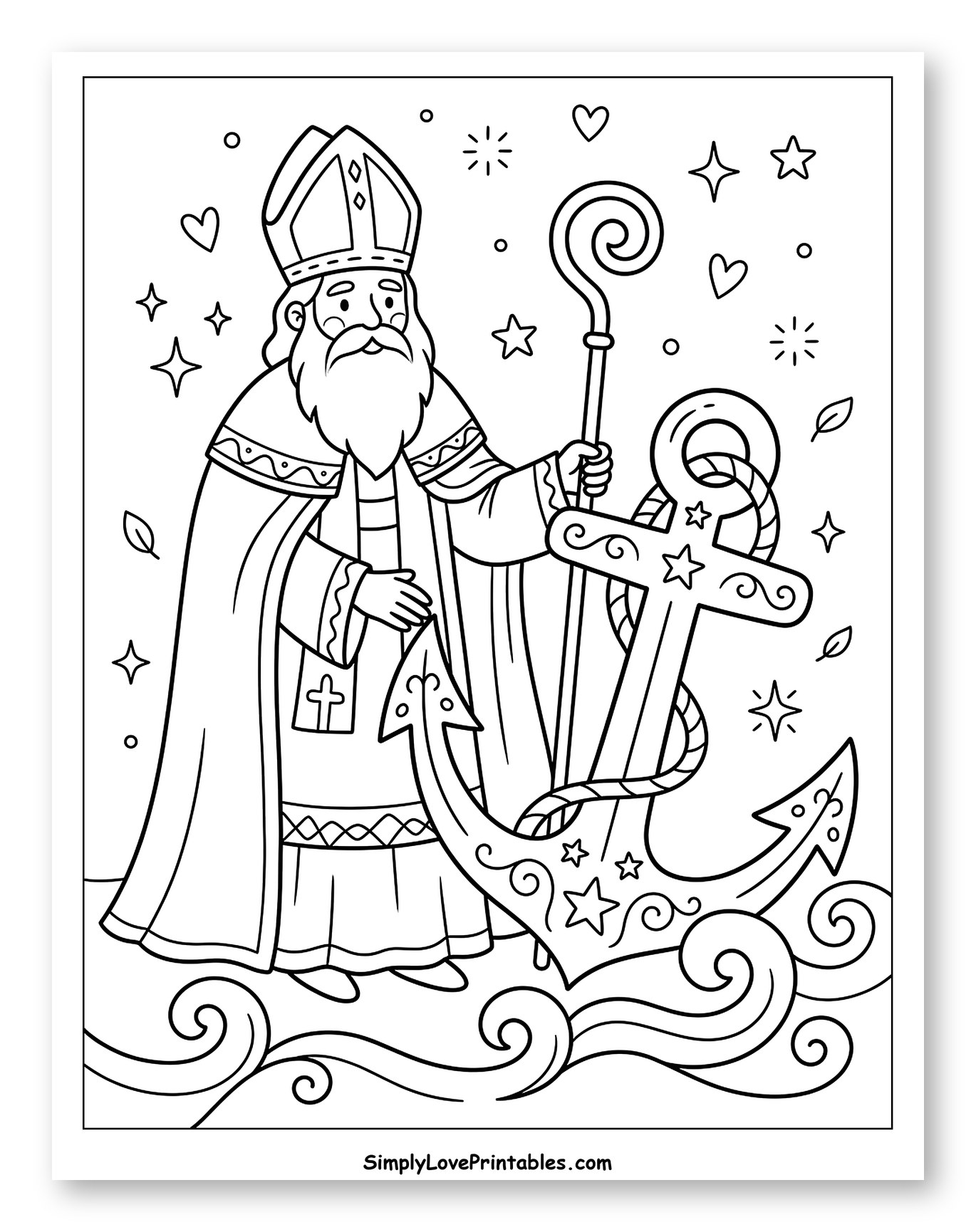 Saint Nicholas with Anchor and Bishop's Staff Coloring Sheet for Adults