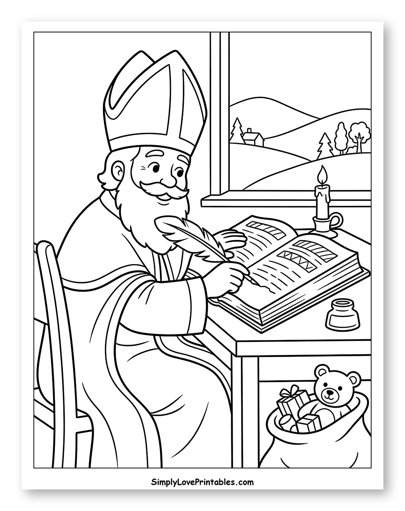 Saint Nicholas Writing in His Book to Color for Kids