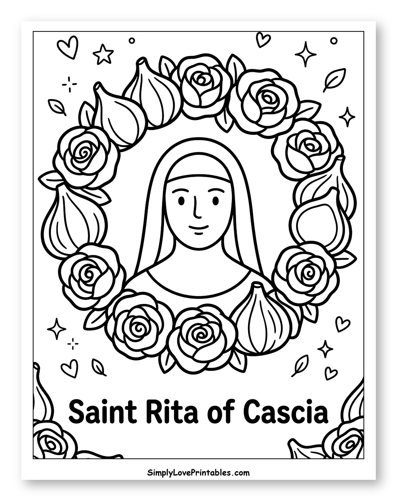 Saint Rita of Cascia with Roses and Figs Coloring Page for Adults