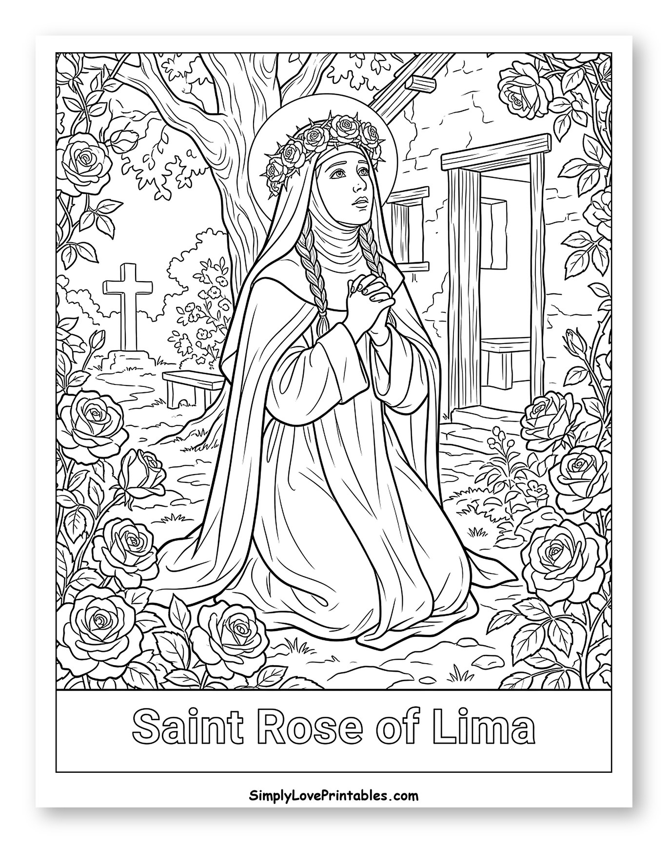 Saint Rose of Lima Praying Amidst Roses to Color