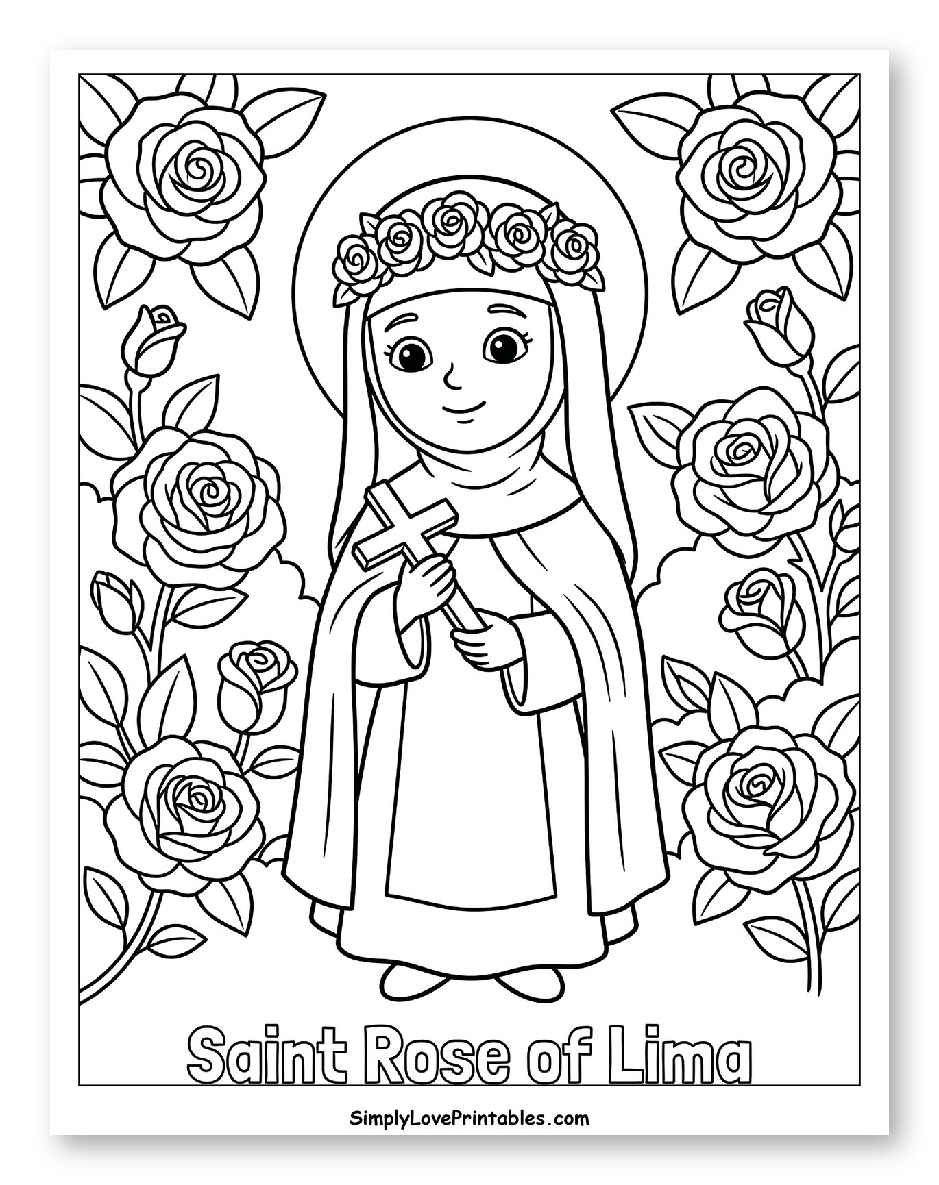 Saint Rose of Lima with Roses and Cross to Color for Kids