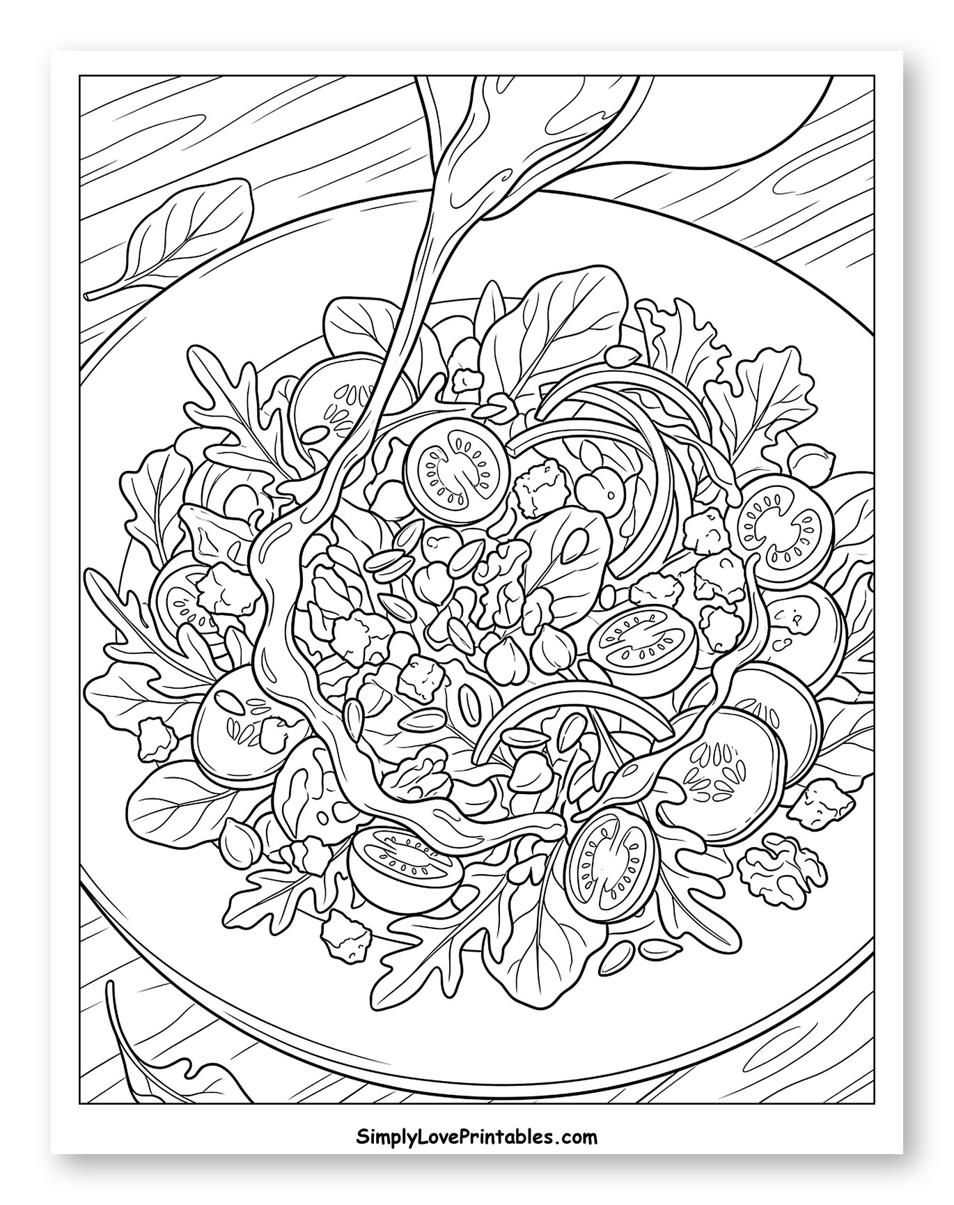 Salad with Dressing Being Poured Coloring Page