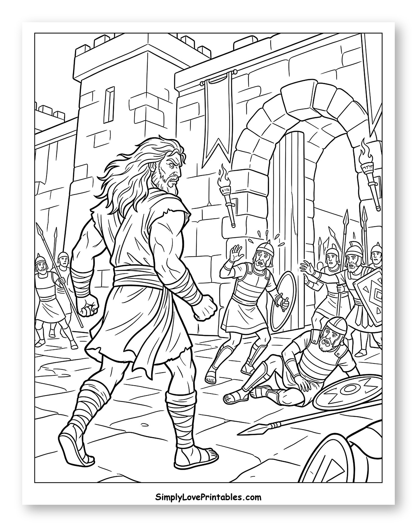 Samson Confronting Frightened Soldiers at City Gate Coloring Page