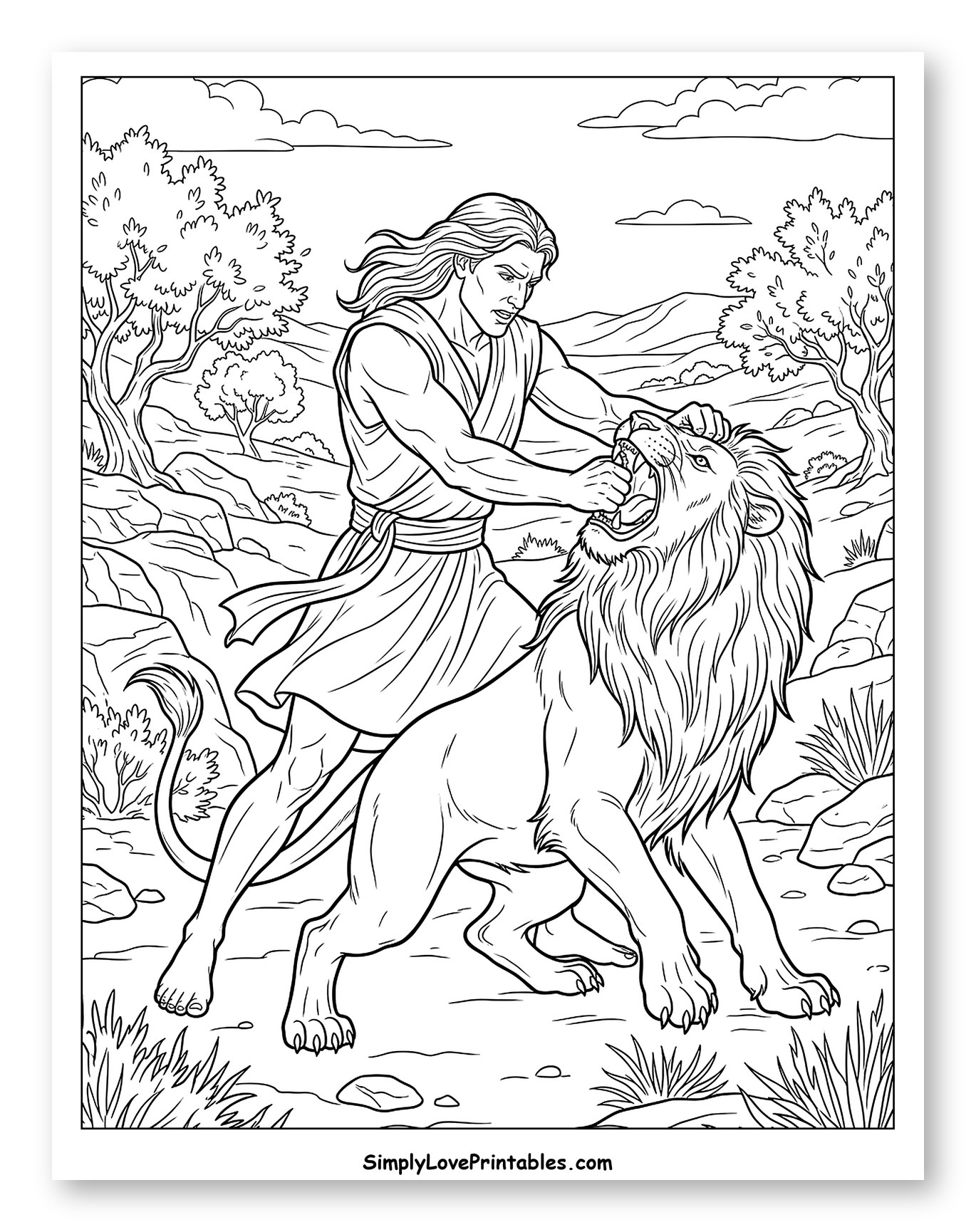 Samson Fighting a Lion in the Wilderness Coloring Sheet