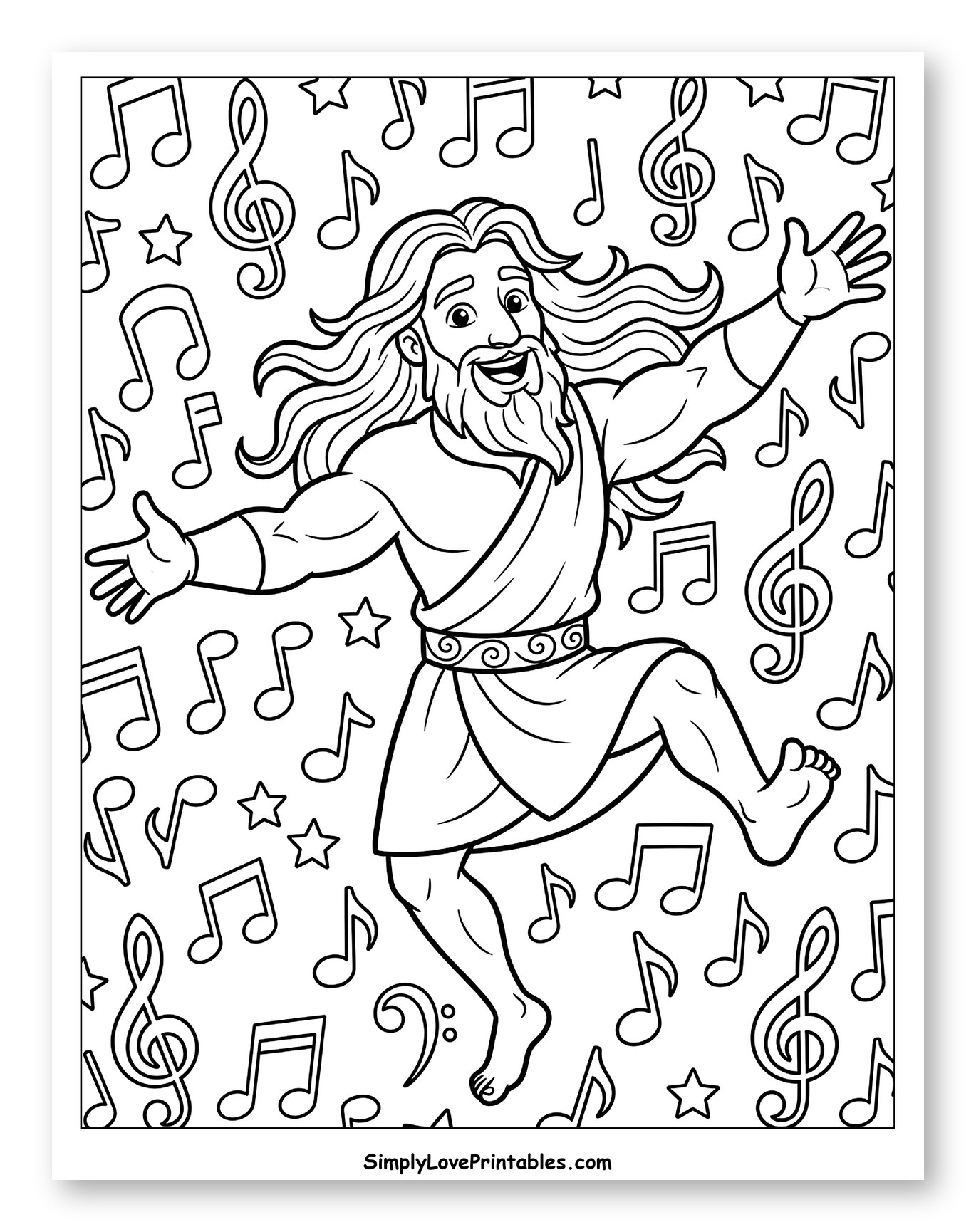 Samson Leaping with Musical Notes and Stars Coloring Sheet for Kids