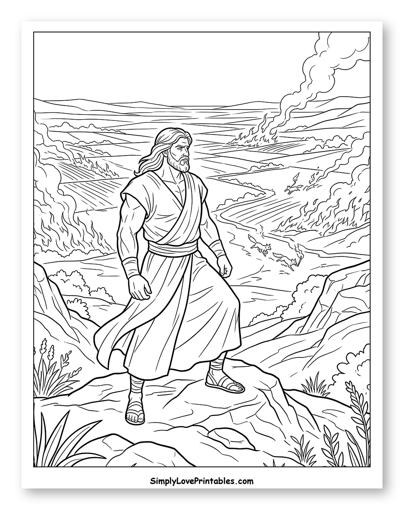 Samson Overlooking Burning Fields with Foxes Coloring Page