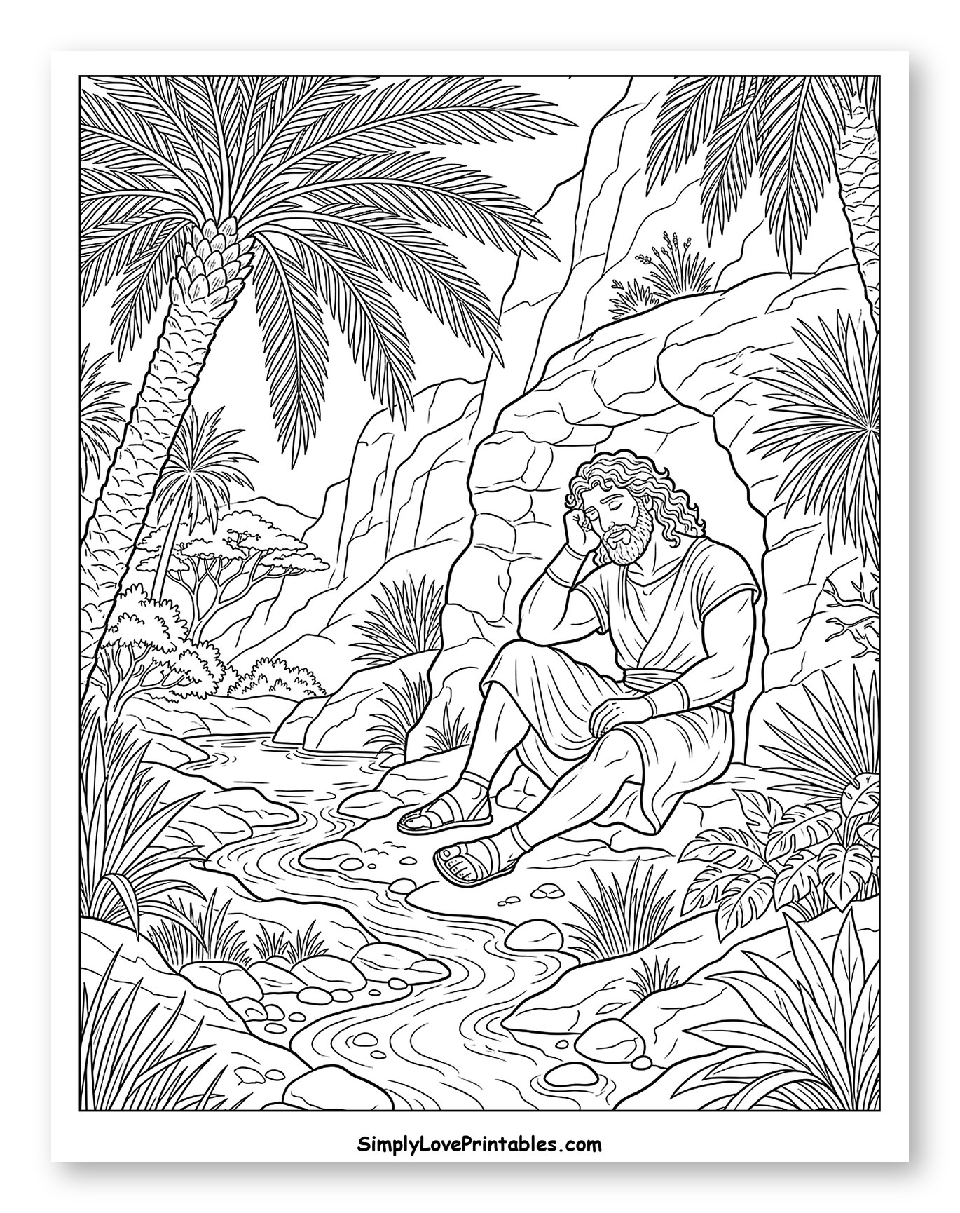 Samson Sleeping in a Cave by Palm Trees to Color