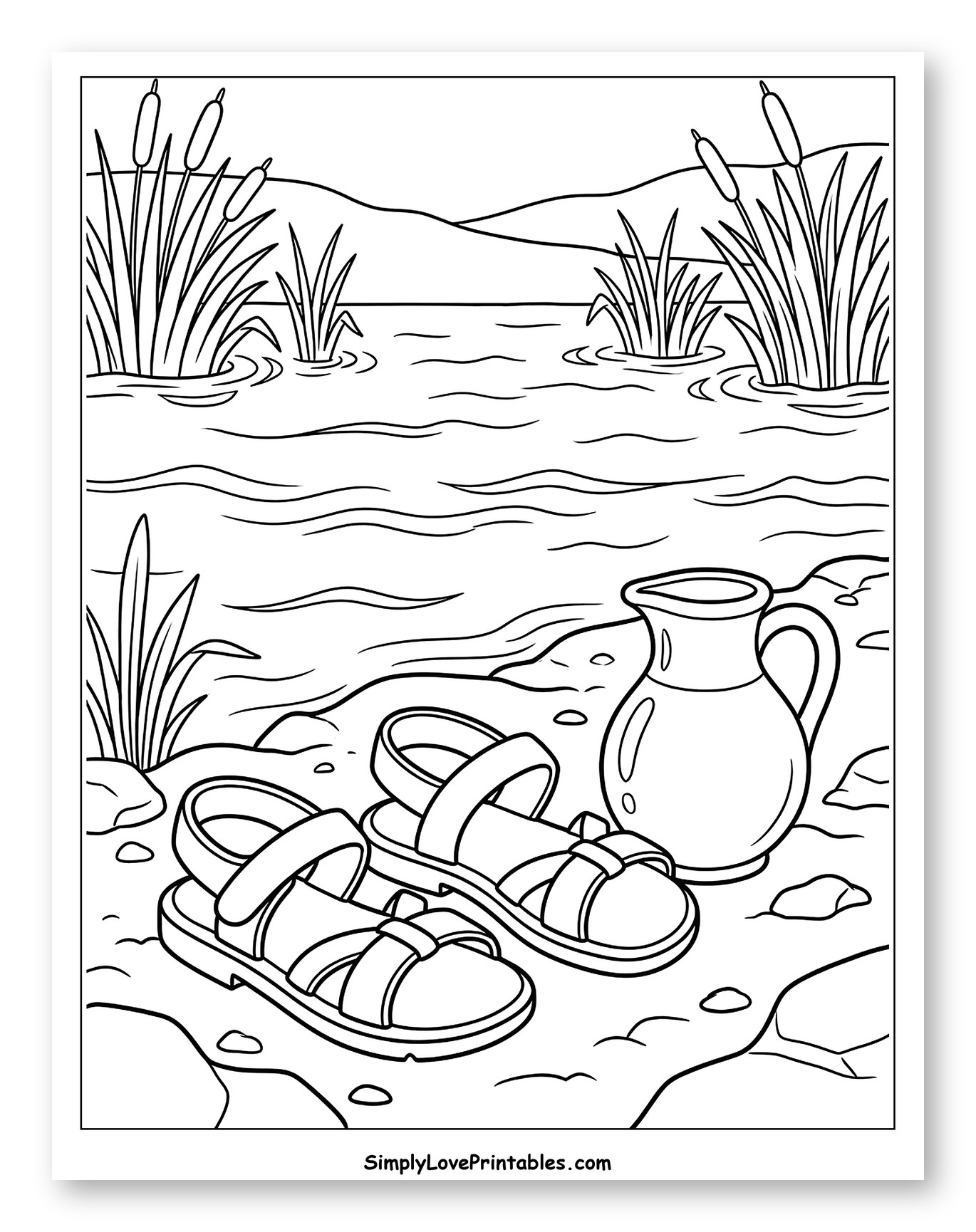 Sandals and Pitcher by the River Coloring Page for Kids